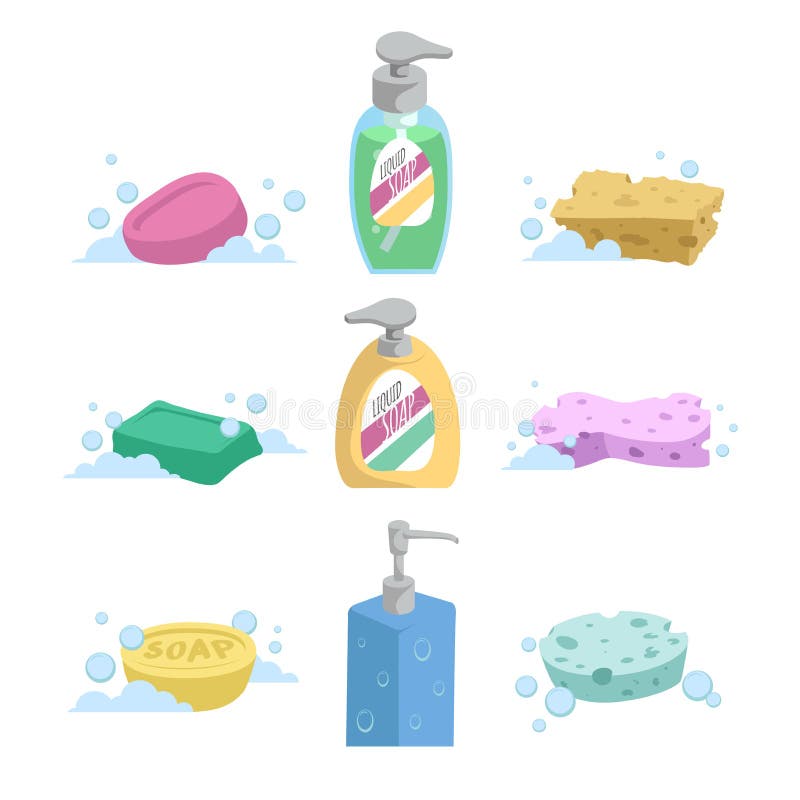 Cartoon clean bath set. Shampoo and liquid soap with dispenser, soap and colorful spoonges. vector illustration Cartoon clean bath set. Shampoo and liquid soap with dispenser, soap and colorful spoonges. vector illustration