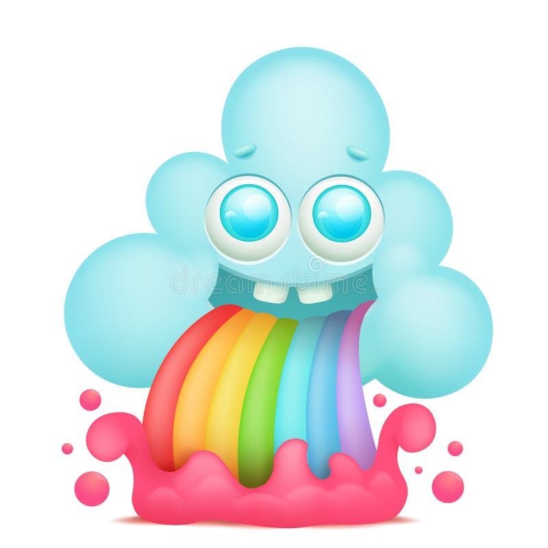 Cartoon cloud emoji character with rainbow vomiting.