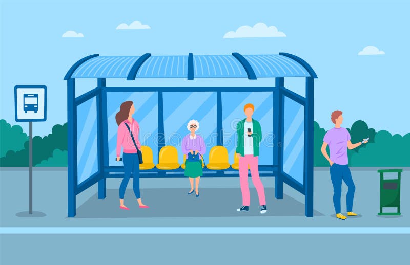Cartoon Color Characters People on a Bus Station Concept. Vector Stock  Vector - Illustration of shelter, woman: 213373722