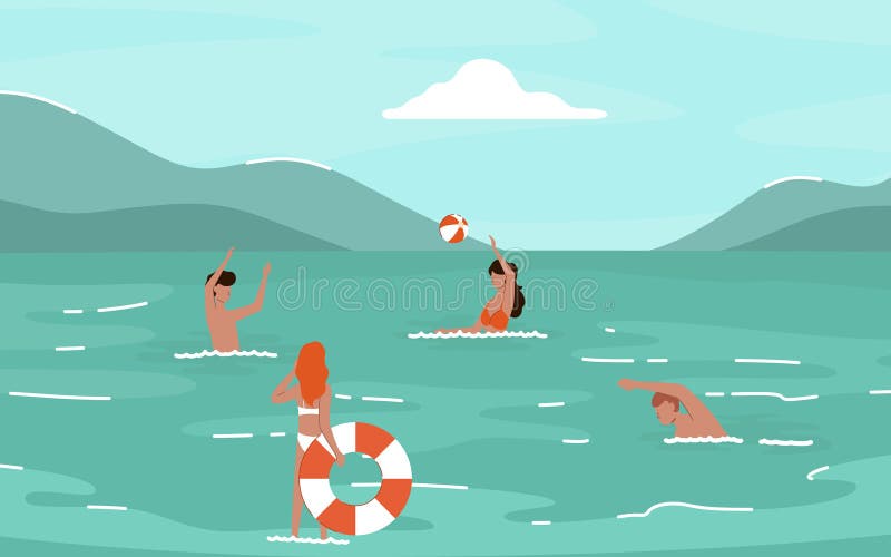 Cartoon Color Characters People Having Fun on Sea Concept. Vector vector illustration