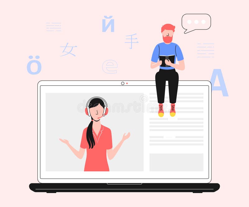 Cartoon Color Characters People and Language Learning Online Course Concept. Vector stock illustration
