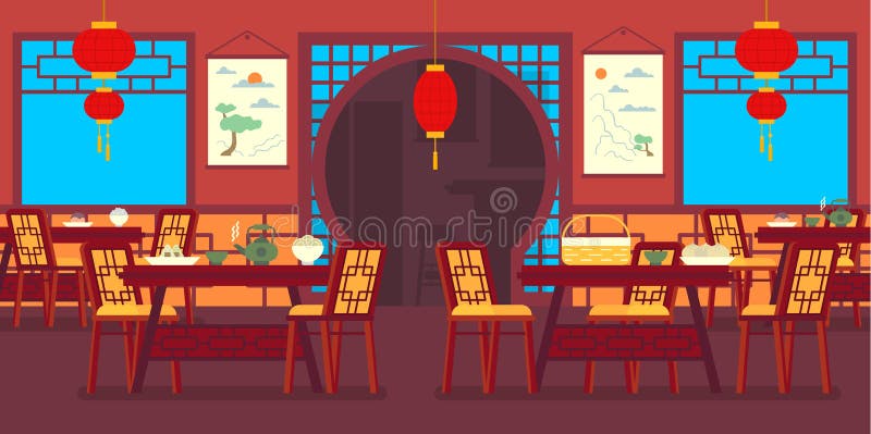 Cartoon Color Chinese Restaurant Traditional Interior Inside Concept