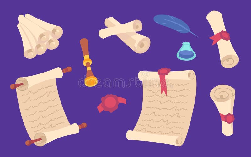Cartoon Color Different Ancient Scroll Paper Manuscript Set. Vector royalty free illustration