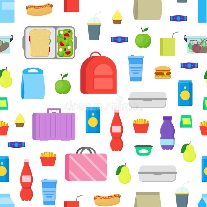Cartoon Color School Lunch Food Boxes Seamless Pattern Background. Vector  Stock Vector - Illustration of concept, fresh: 151490933