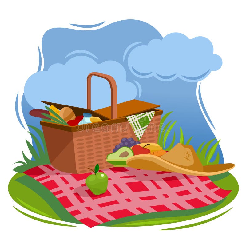 Cartoon Color Summer Picnic Basket Concept. 