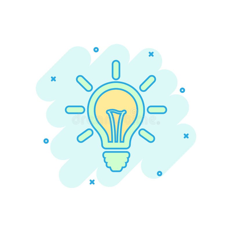 Cartoon colored light bulb icon in comic style. Lighting electric illustration pictogram. Idea lightbulb sign splash business con