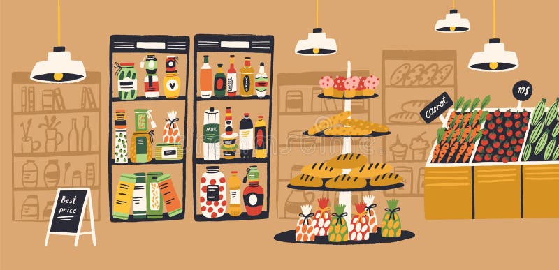 Cartoon Colorful Interior of Supermarket with Fresh Tasty Product on  Shelves Vector Flat Illustration. Modern Grocery Stock Vector -  Illustration of pastry, hypermarket: 183381578