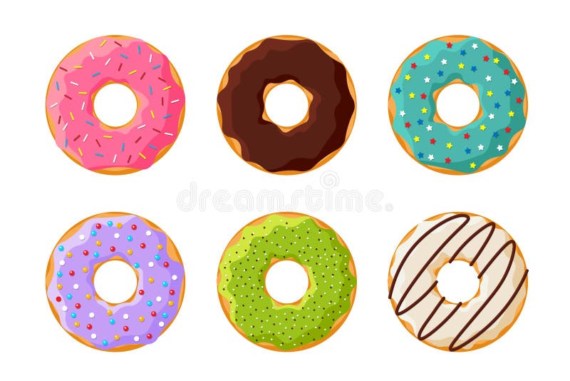 Cartoon colorful tasty donut set isolated on white background. Glazed doughnuts top view collection for cake cafe decoration or menu design. Vector flat illustration. Cartoon colorful tasty donut set isolated on white background. Glazed doughnuts top view collection for cake cafe decoration or menu design. Vector flat illustration