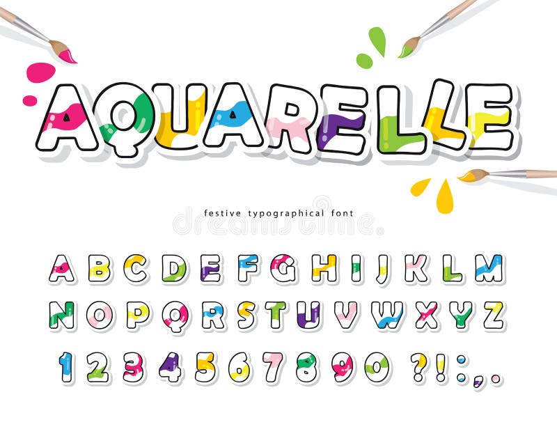 Cartoon Colorido para crianças Cores d'água criativas: letras e números ABC alfabeto aquarelle brilhante Papel cortado ilustração do vetor