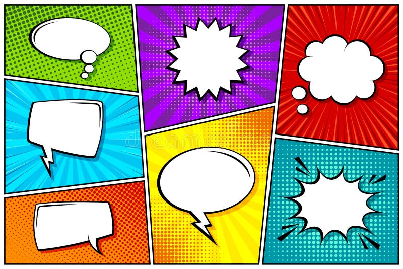 Cartoon comic backgrounds set. Speech bubble. Comics book colorful poster with halftone elements. Retro Pop Art style