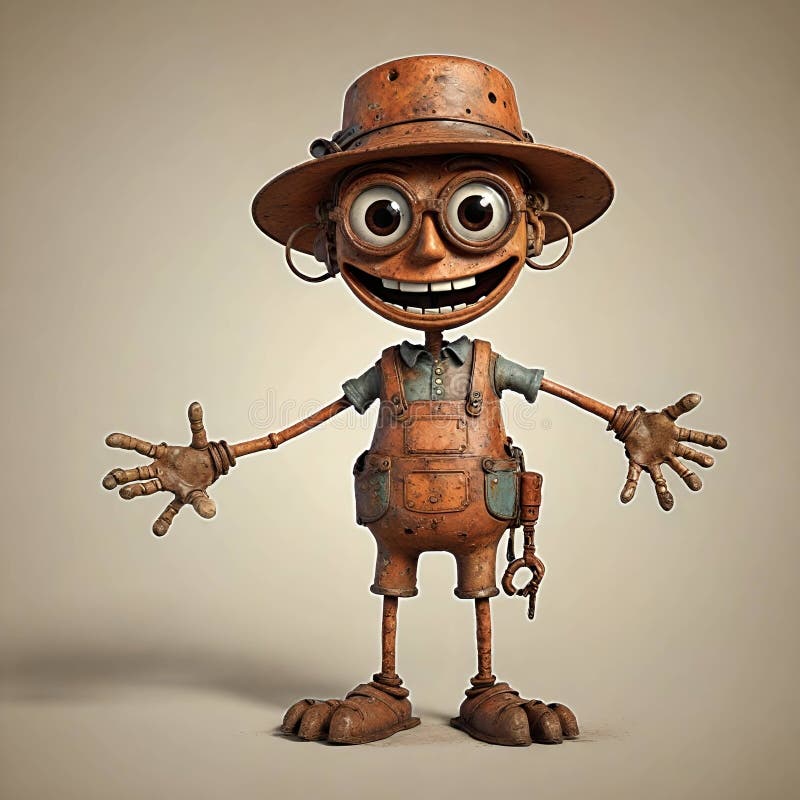 Cartoon comic creature happy face mechanical rusty robot man earrings vector illustration