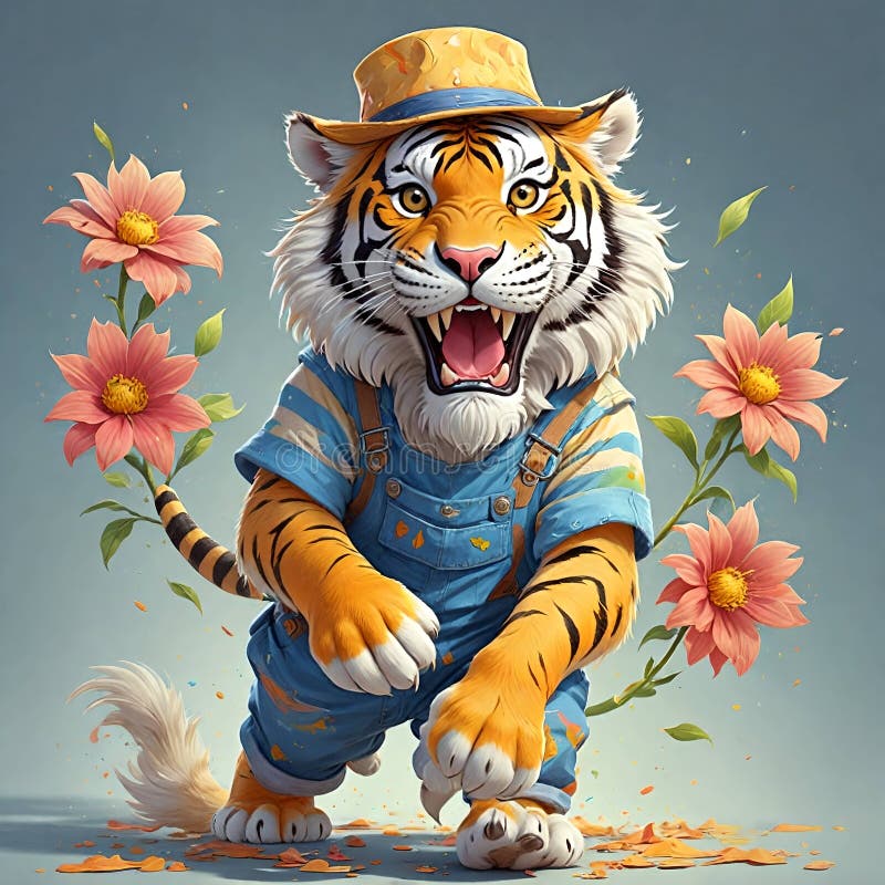 Cartoon comic creature siberian wild tiger leopard cat pet flower garden blossom vector illustration