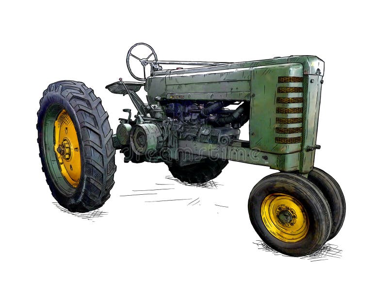 Cartoon or Comic Style Illustration of Old Green Tractor