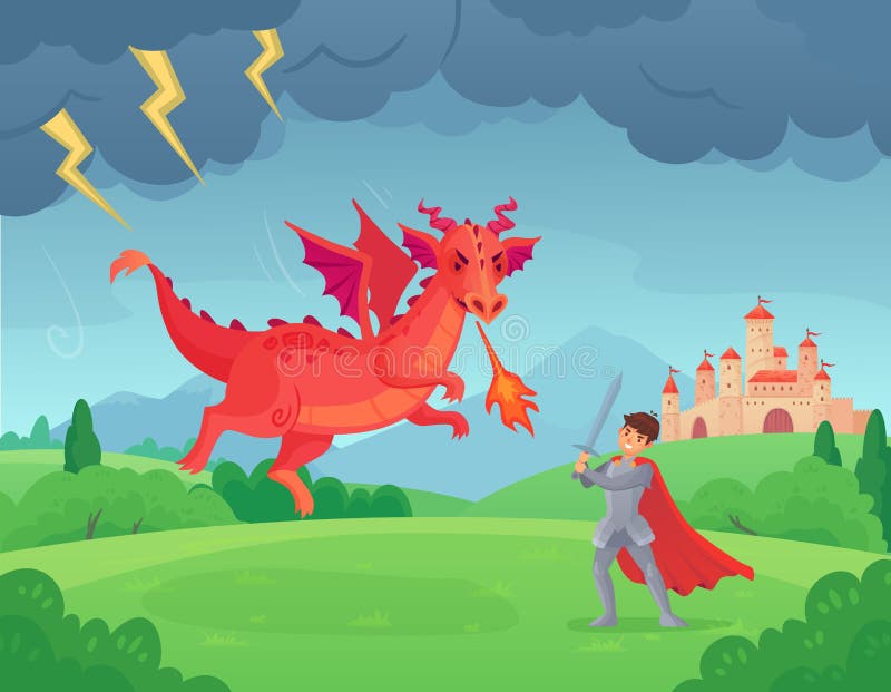 Cartoon conto de fadas do cavaleiro combate dragão Espadarte lutando contra monstro malvado, batalha de heróis com dragões vetor ilustração do vetor Cartoon conto de fadas do cavaleiro combate dragão Espadarte lutando contra monstro malvado, batalha de heróis com dragões vetor ilustração do vetor