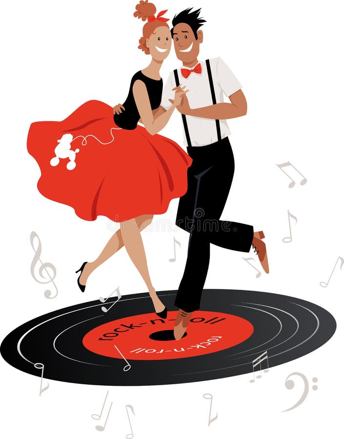 Cartoon couple in vintage clothing dancing rock-and-roll on a vinyl record, EPS 8 vector illustration. Cartoon couple in vintage clothing dancing rock-and-roll on a vinyl record, EPS 8 vector illustration