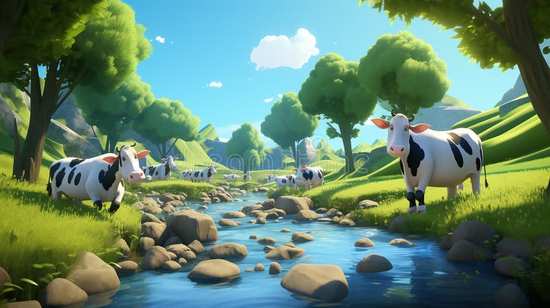 cartoon cows coming to the brook to drink water