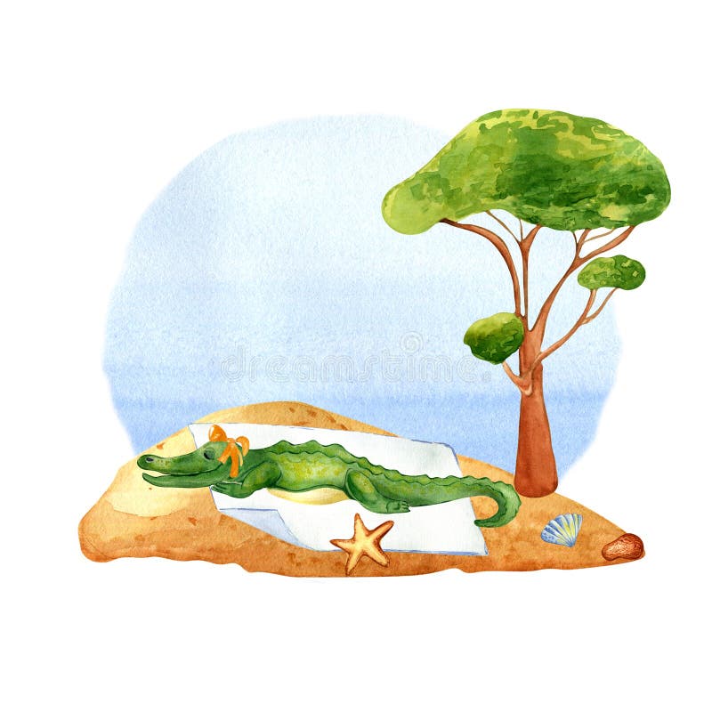 Cartoon crocodile has sunbathing on the beach watercolor illustration isolated on white.