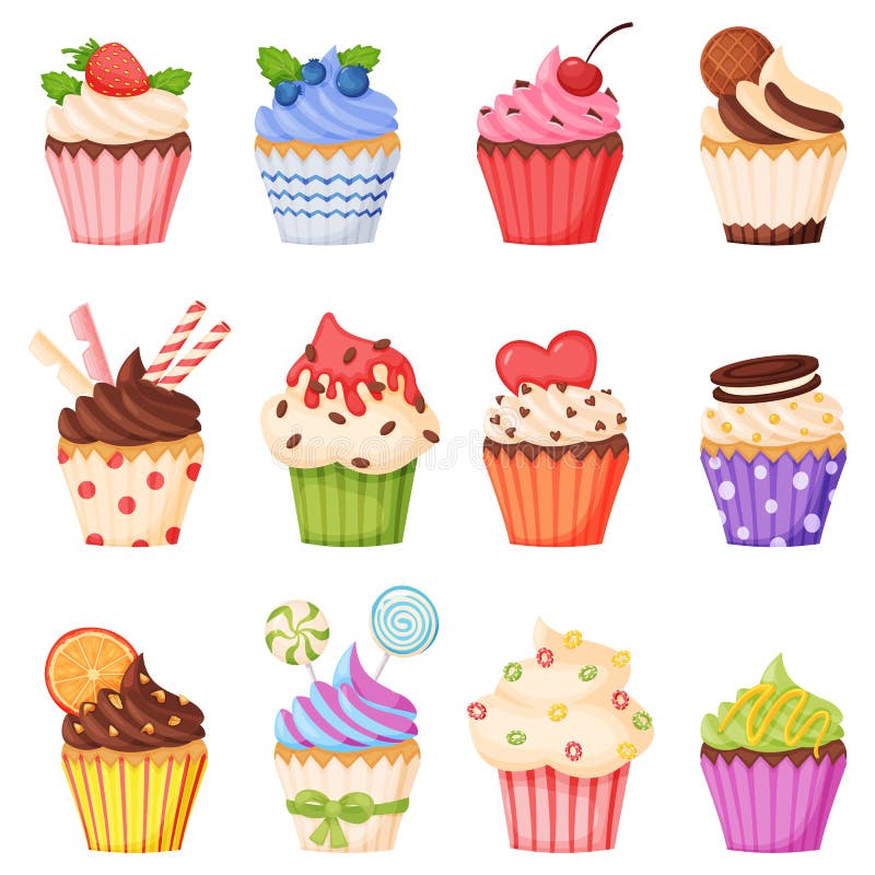 Cartoon Cupcake with Various Toppings, Delicious Desserts. Muffins or Cupcakes with Chocolate Cream, Fruits Stock Vector - Illustration of chocolate, fruit: 229341272