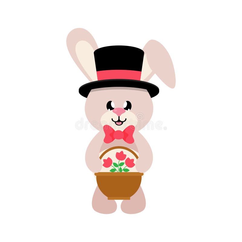 Download Cartoon Cute Bunny In Hat And Tie With Basket Flowers ...
