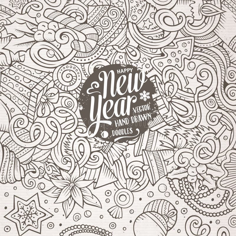 Cartoon Cute Doodles Happy New Year Frame Stock Vector - Illustration ...