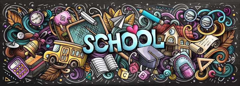 Cartoon cute doodles School word. Colorful illustration vector illustration