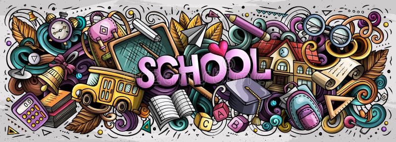 Cartoon cute doodles School word. Colorful illustration vector illustration