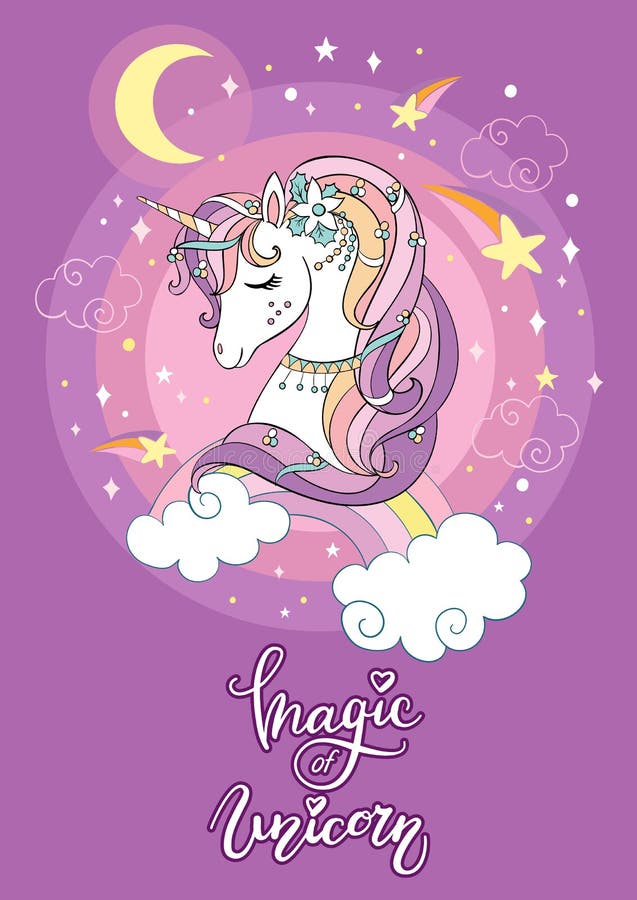 Cartoon Cute Dreaming Unicorn Poster Vector Illustration Stock Vector ...