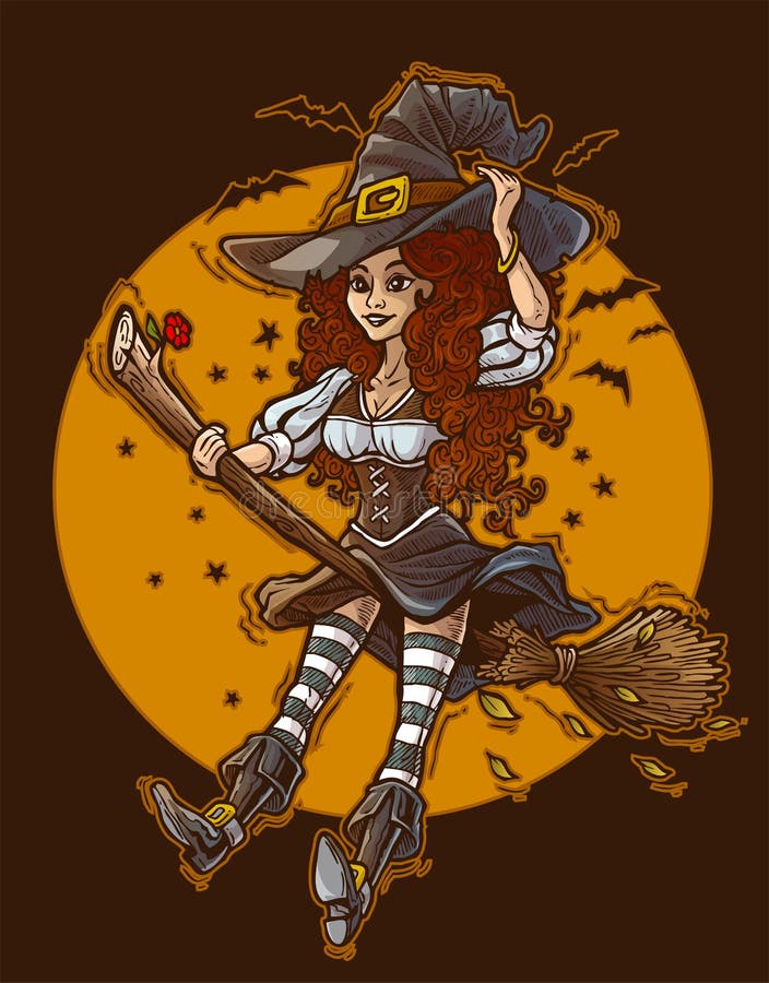 Cartoon cute halloween witch flying on broom