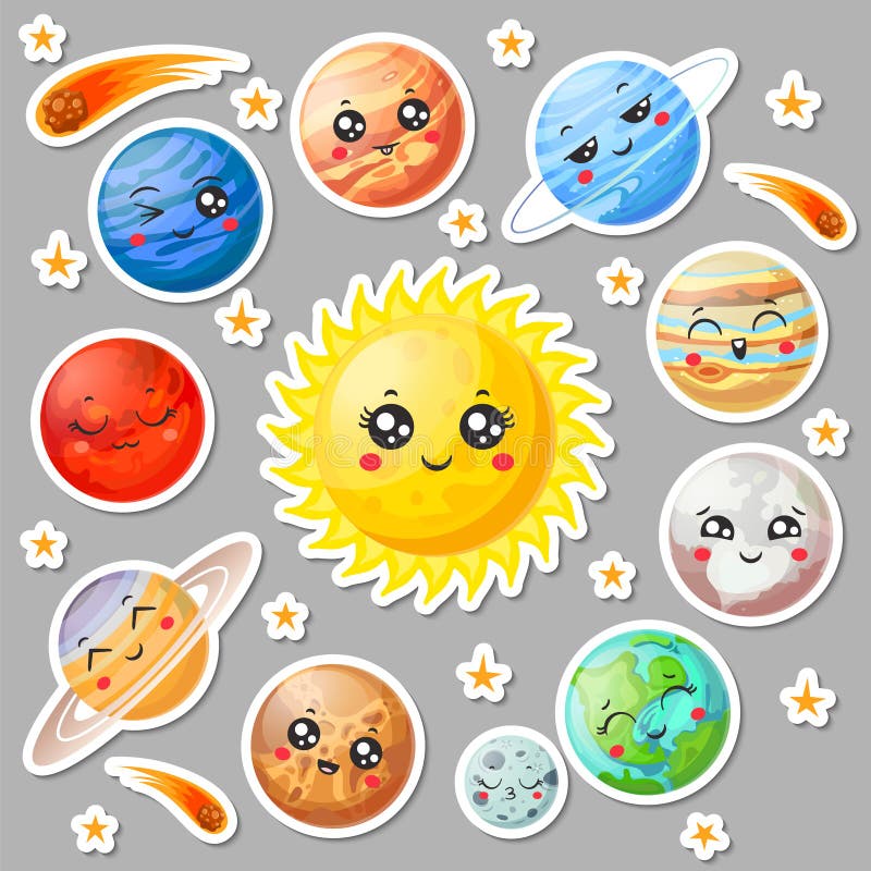 Cartoon Cute Planets Stickers. Happy Planet Face, Smiling Earth and Sun