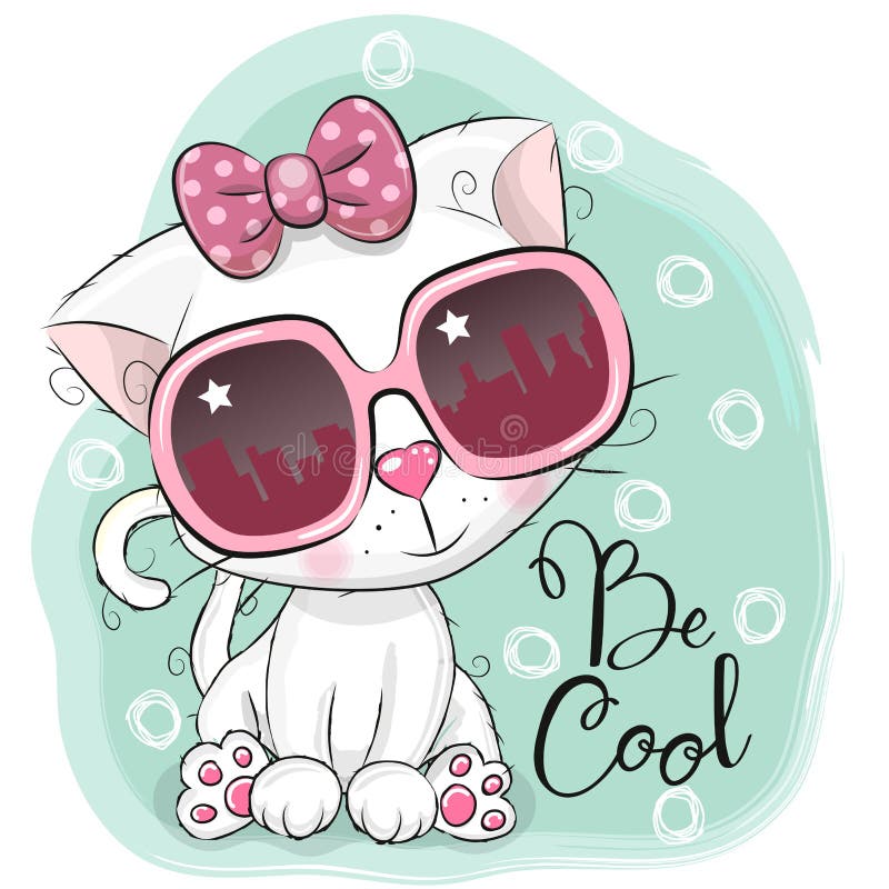 Cartoon Cute white kitten girl with sun glasses