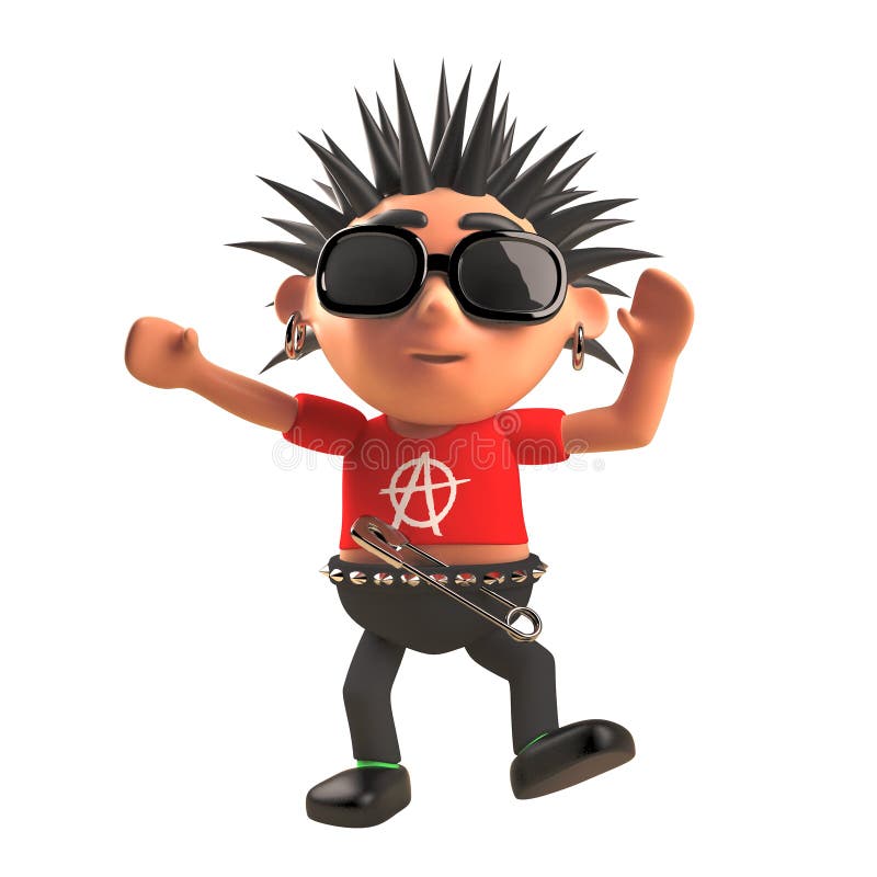 Cartoon 3d punk rock character with spiky hair dances like a fool, 3d illus...