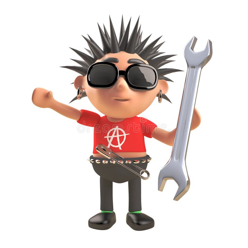 Cartoon 3d punk rocker character with spiky hair holding a spanner tool, 3d...