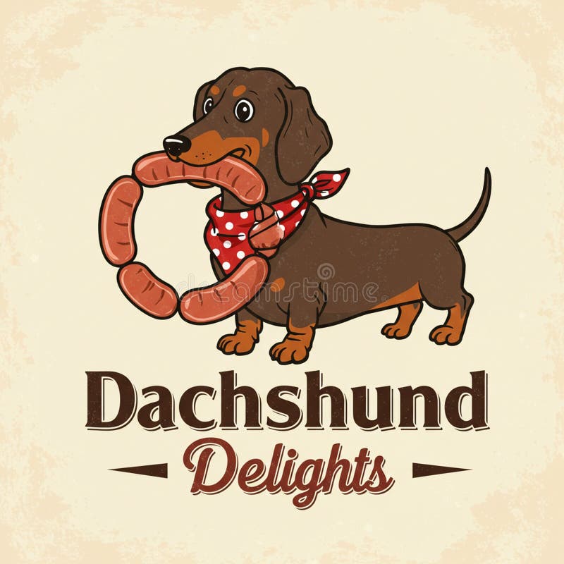 Cartoon dachshund z brązowym płaszczem nosi sznur kiełbasy w ustach. ilustracja wektor