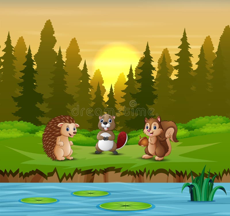 Cartoon de muitos animais perto do rio ilustração royalty free Cartoon de muitos animais perto do rio ilustração royalty free