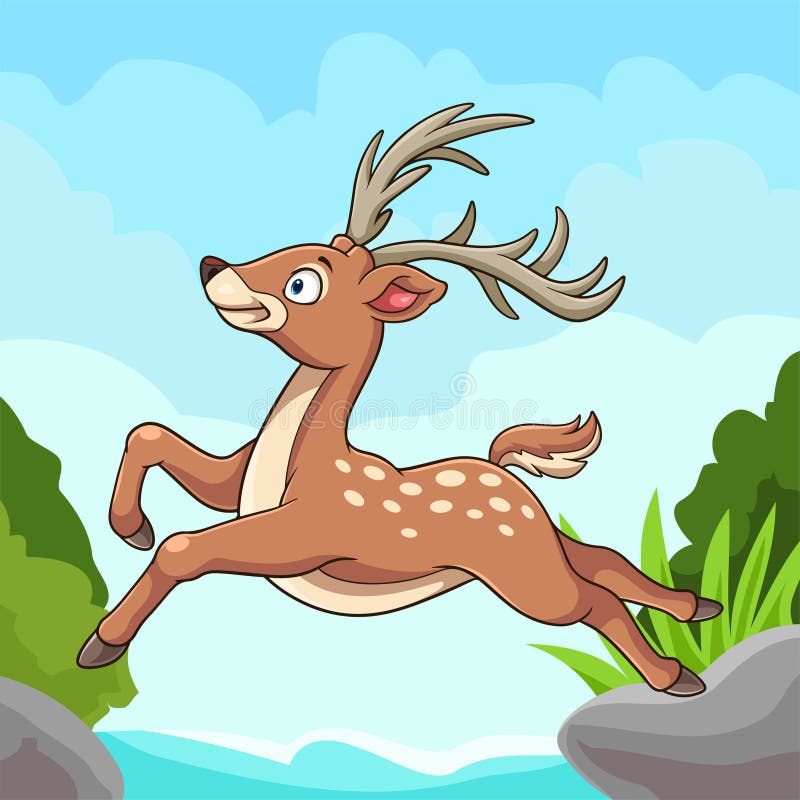 Cartoon deer jumping across the river stock illustration