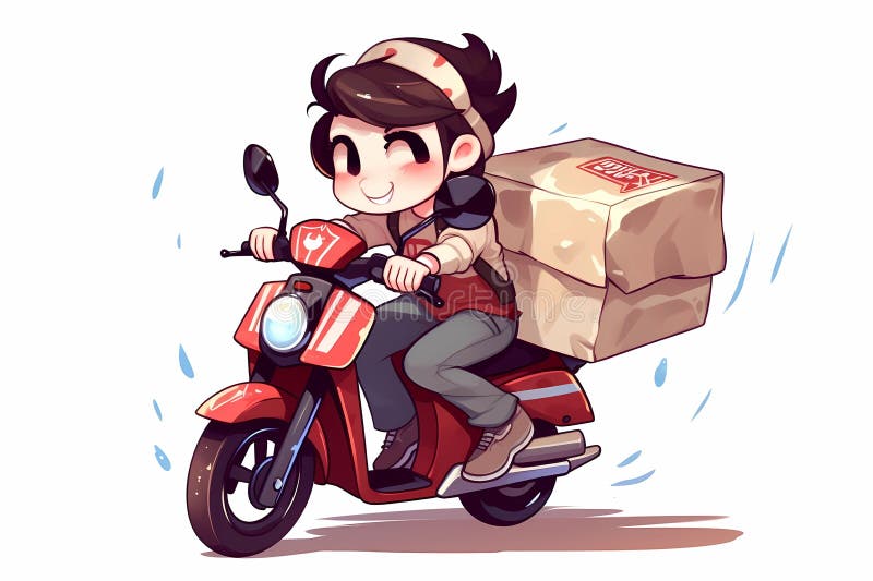 A cartoon of a delivery boy riding a motorcycle with a box on the back. AI generation