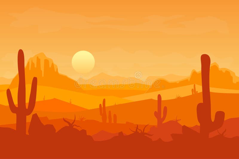 Cartoon Desert with Silhouettes Cactus and Mountain. Vector