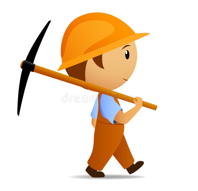 Vector illustration. Cartoon builder digger with pick on his shoulder. Vector illustration. Cartoon builder digger with pick on his shoulder