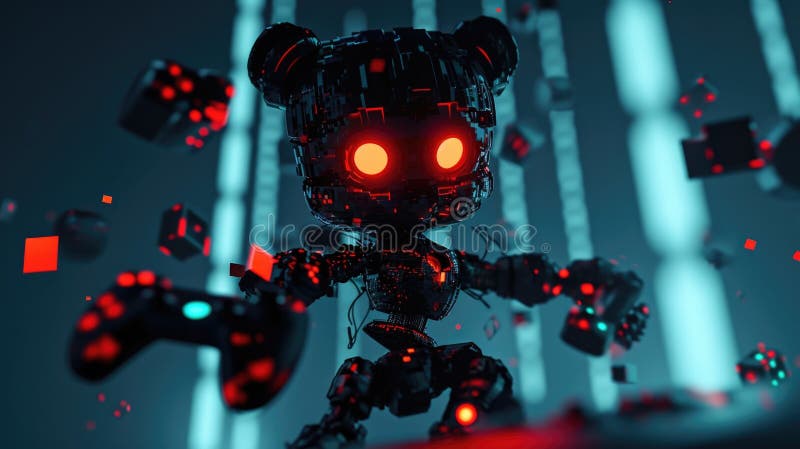 Cartoon digital avatar of Game Overlord a menacing character with glowing red eyes and a robotic arm holding a game controller, surrounded by floating pixels. AI generated