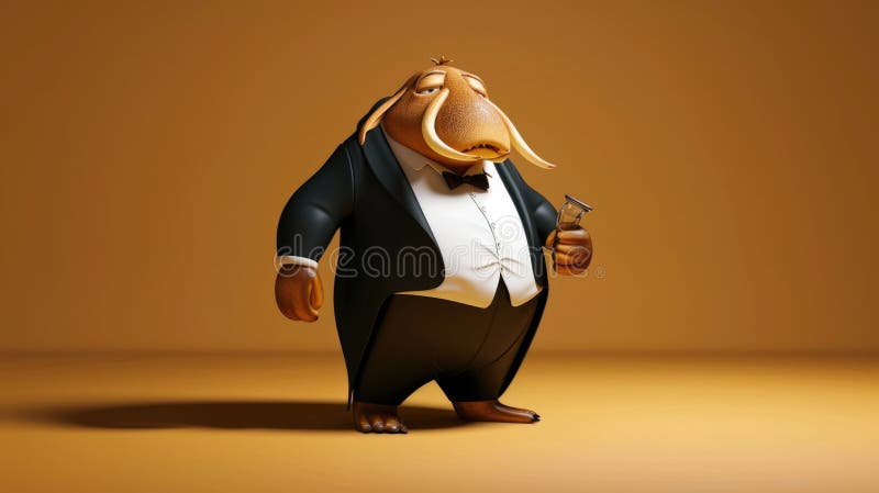 Cartoon digital avatar of a walrus opera singer with a black and white tuxedo, standing tall with a commanding presence and a deep, booming voice. AI generated. Cartoon digital avatar of a walrus opera singer with a black and white tuxedo, standing tall with a commanding presence and a deep, booming voice. AI generated