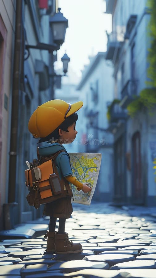 Cartoon digital avatars of Street Explorer Maps in hand and a sense of curiosity, Street Explorer is determined to stock illustration