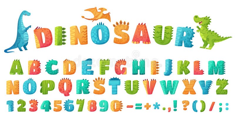 Cartoon-dino-lettertype. dinosaurus alfabet letters en getallen grappige dinokletters voor kleuterkinderen