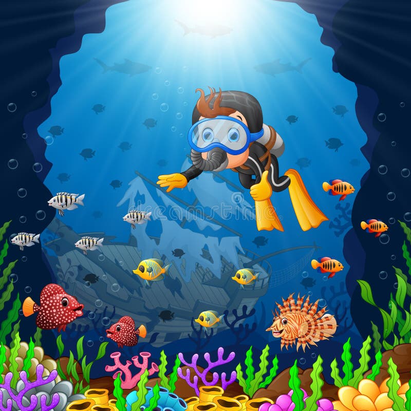 Cartoon Diver Under The Sea Stock Vector - Illustration of tropical