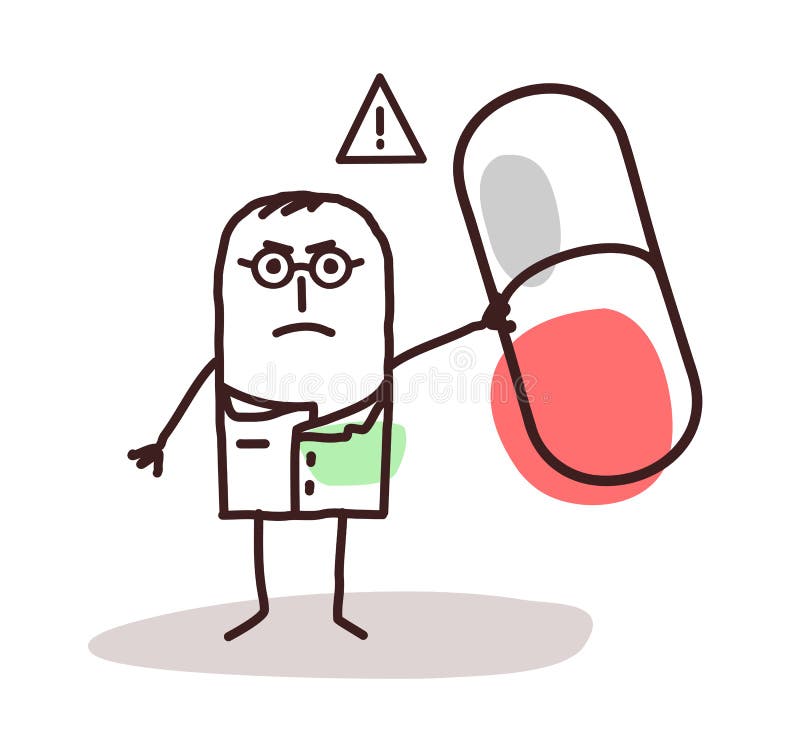 Cartoon doctor with dangerous medicine capsule