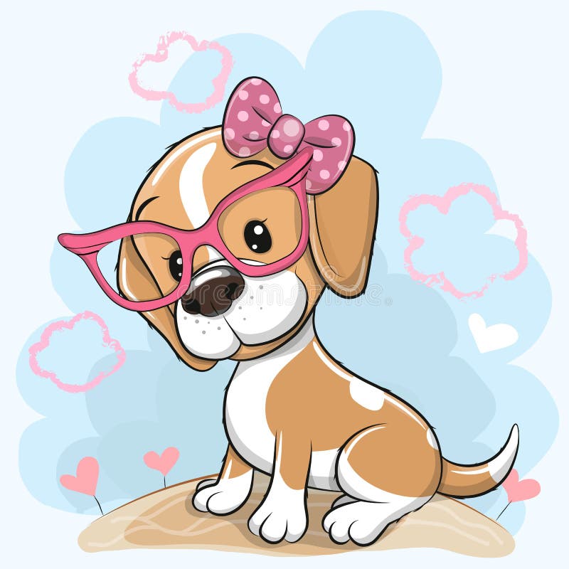 Cartoon Dog Beagle with a bow and glasses on a meadow