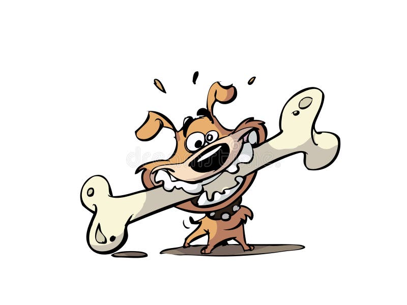 Karikatúra alebo ilustrácia malý pes hryzie na veľké kosti.