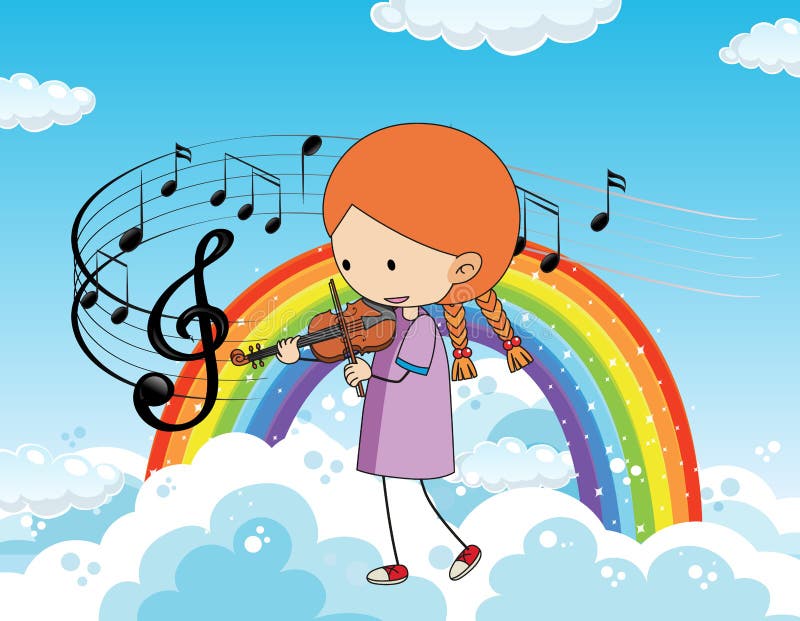 Cartoon Doodle A Girl Playing Violin With Rainbow In The Sky Stock