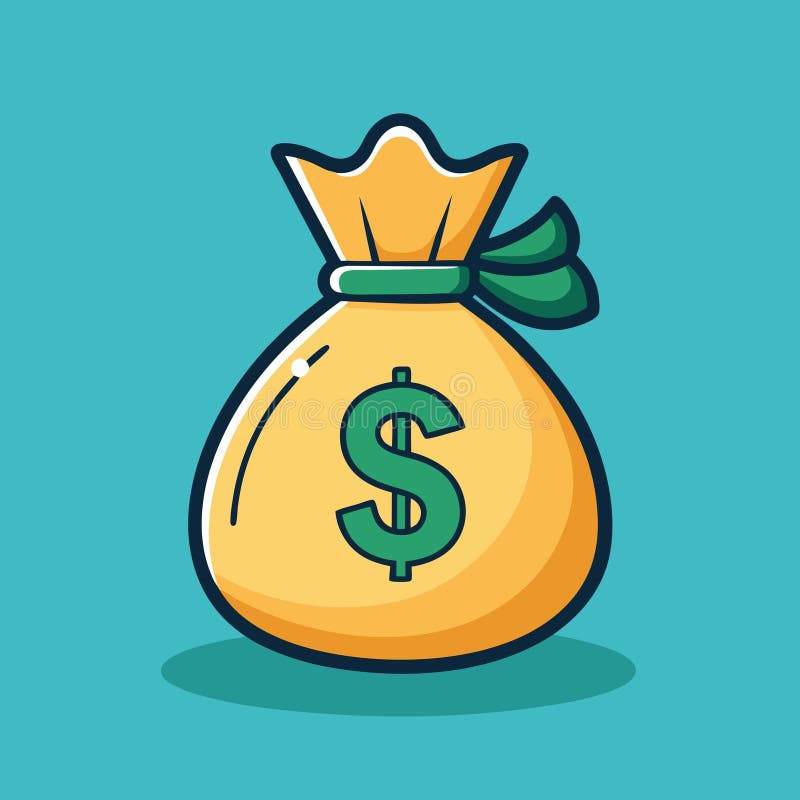 A Cartoon Drawing of a Money Bag with a Dollar Bill on it Stock