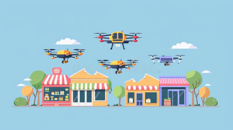 Cartoon Drones Delivering Packages to Small Shops stock illustration