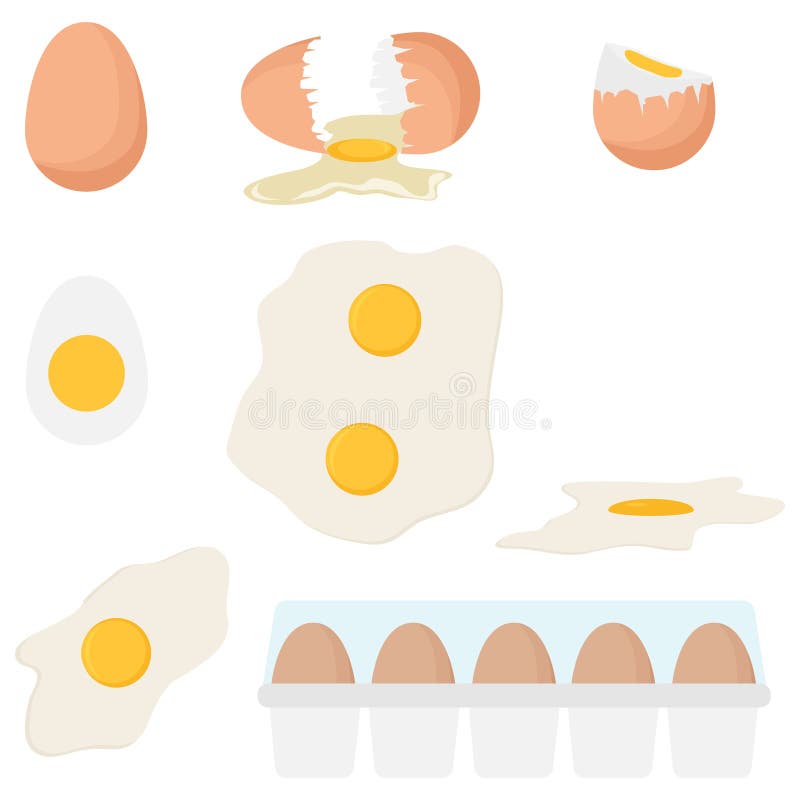 Cartoon egg isolated on white background. Set of fried, boiled, half, Crack eggs with yolks set. Baking and cooking Ingredients. vector illustration